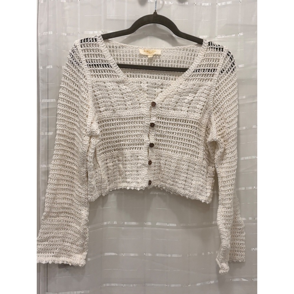 Rebellion Again Cream Crochet Knit Cropped Cardigan Cotton Boho Button Front M